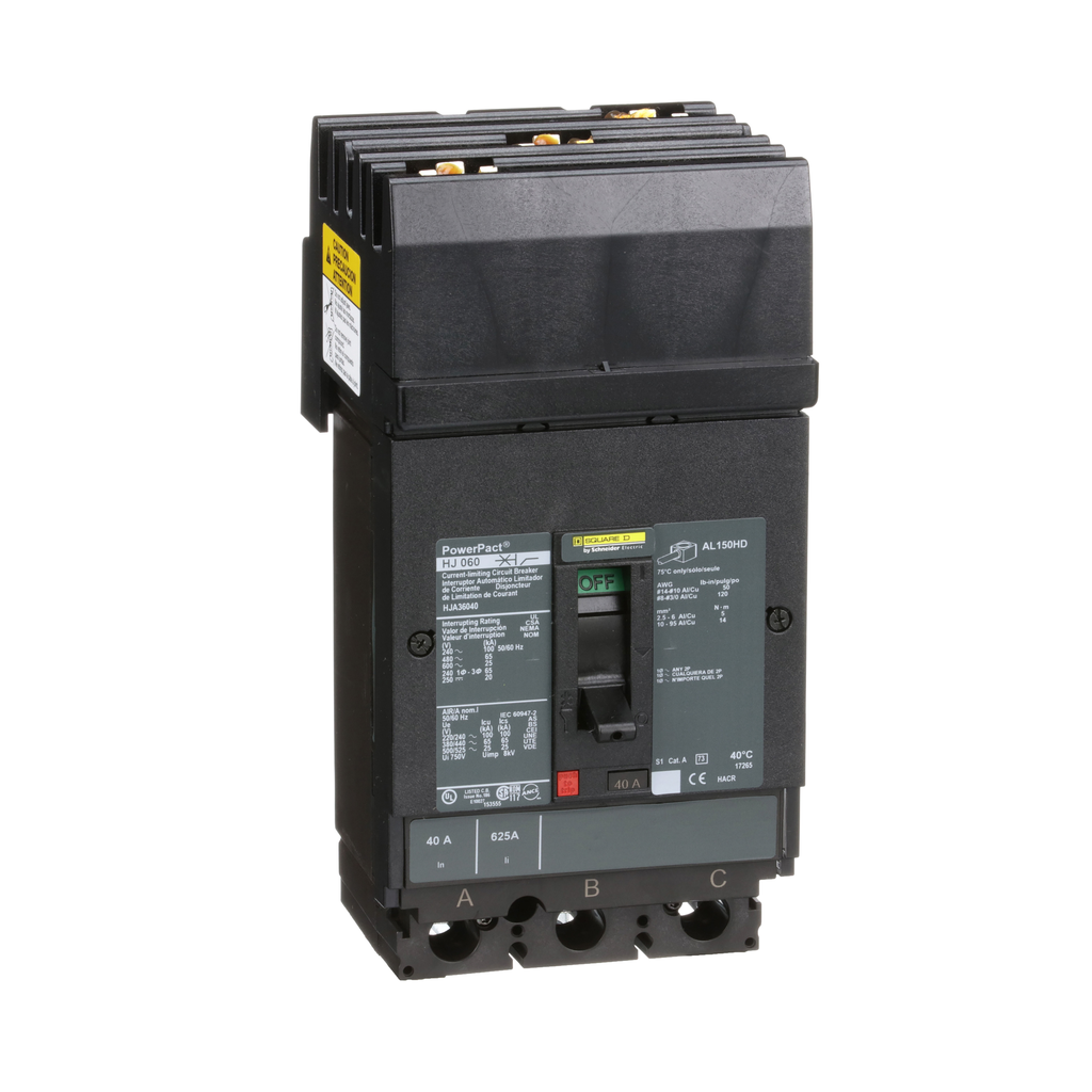 HJA36040 – Circuit breaker, PowerPacT H, 40A, 3 pole, 600VAC, 25kA, I-Line, thermal magnetic, 80%, ABC