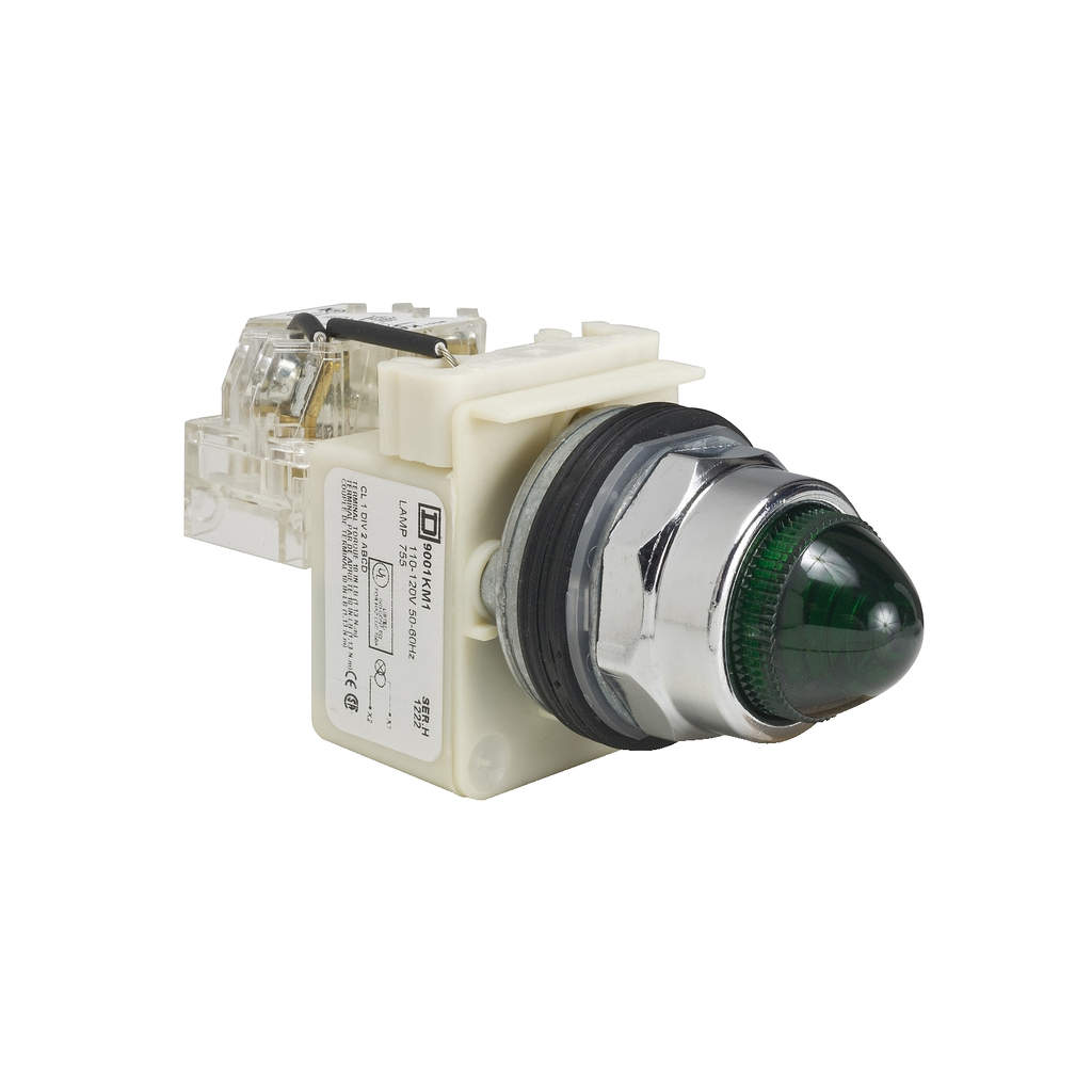 Mayer-DDS-Push-to-test pilot light, Harmony 9001K, metal, polycarbonate, domed, green, 30mm, 110-120V-1