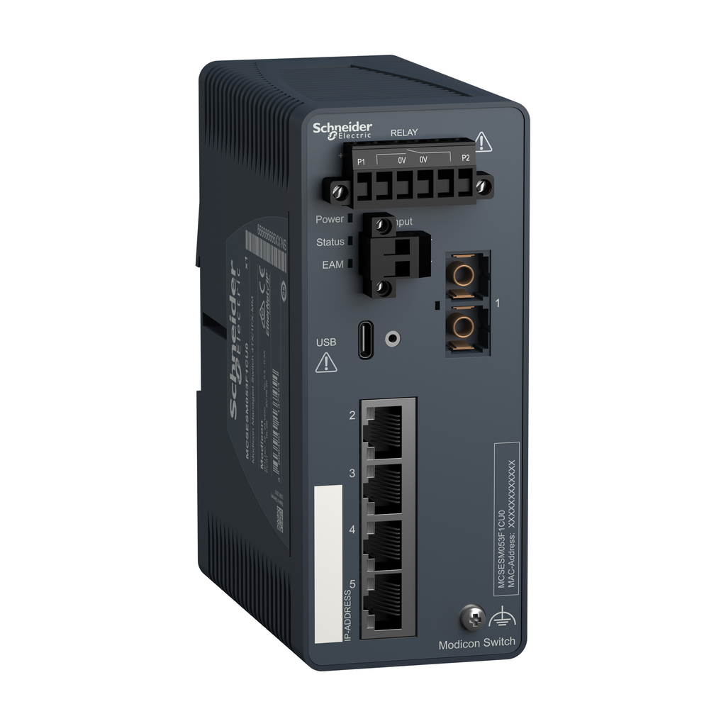 MCSESM053F1CU0 – network switch, Modicon Networking, managed, 4 ports for copper with 1 port for fiber optic, multimode