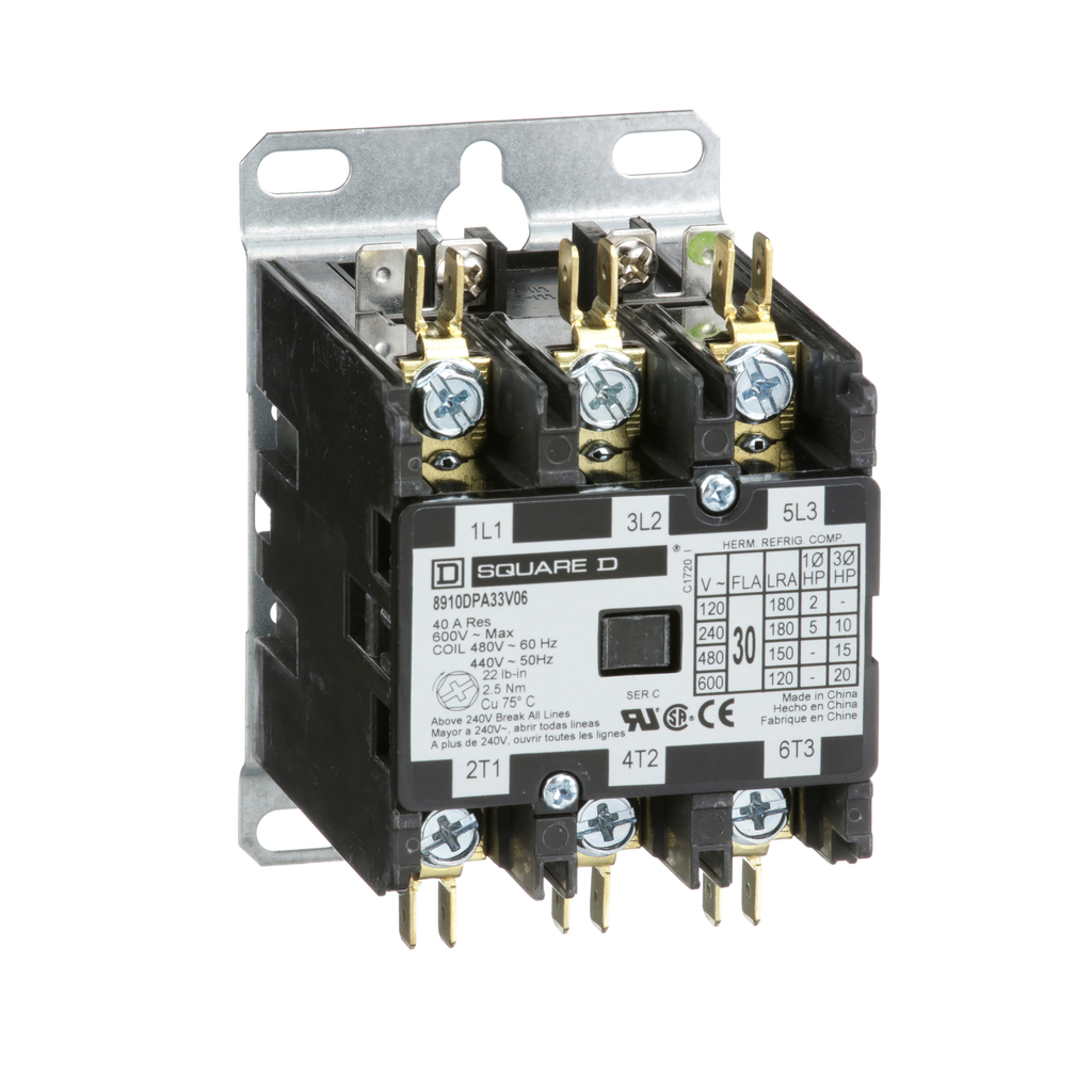 8910DPA33V06 – Contactor, Definite Purpose, 30A, 3 pole, 20HP at 575VAC, 3 phase, 440/480VAC 50/60Hz coil, open