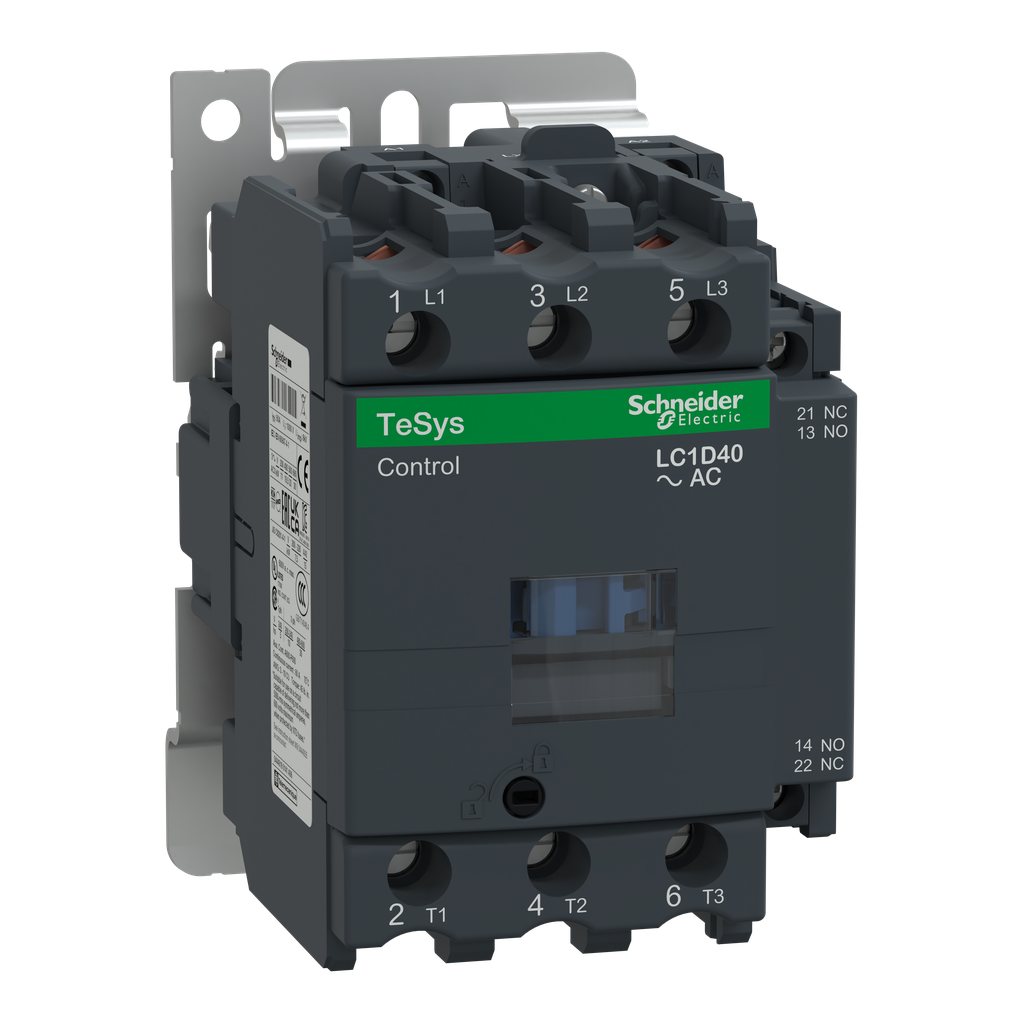 LC1D40L6 – IEC contactor, TeSys D, nonreversing, 40A, 30HP at 480VAC, up to 100kA SCCR, 3 phase, 3 NO, 208VAC 60Hz coil, open style