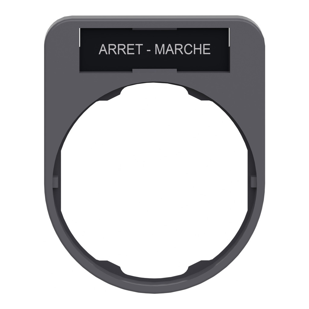 Mayer-DDS-Legend holder, Harmony XB5, 40 x 50mm, for flush mounted heads, plastic, dark grey, white marked ARRET-MARCHE-2
