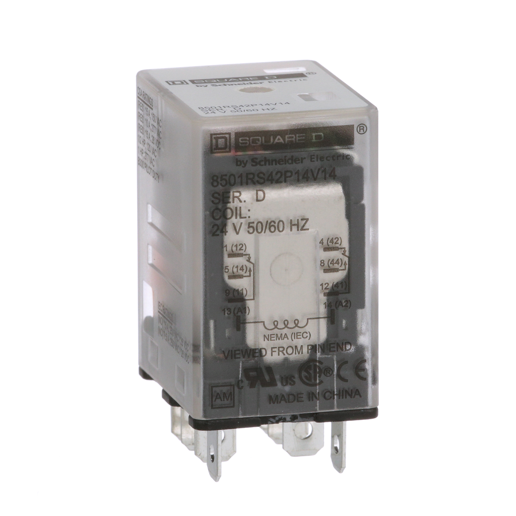 8501RS42P14V14 – Plug in relay, Type R, miniature, 1 HP at 277 VAC, 15A resistive at 120 VAC, 8 blade, DPDT, 2 NO, 2 NC, 24 VAC coil