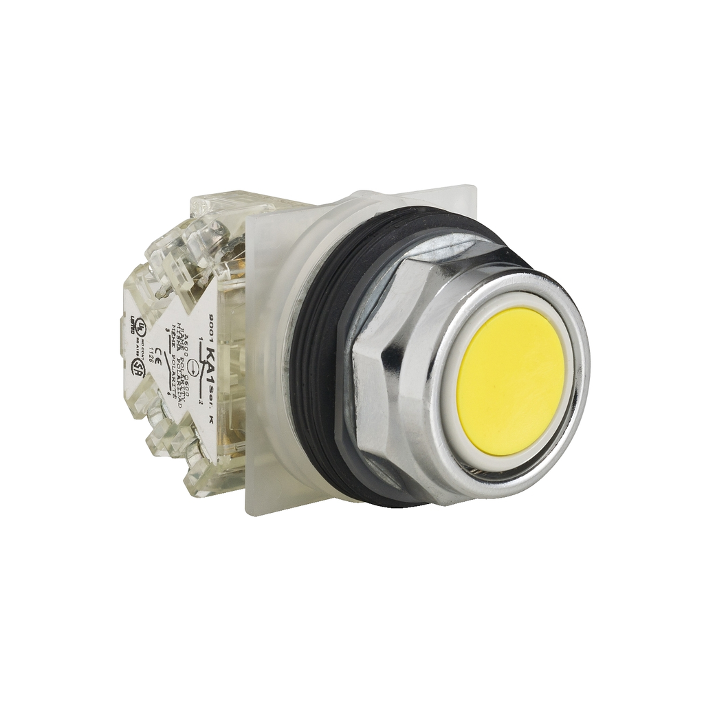 Product image for Square D 9001KR1YH13 30 mm 600 VAC Momentary 1NO 1NC Yellow Lens Non-Illuminated Push Button