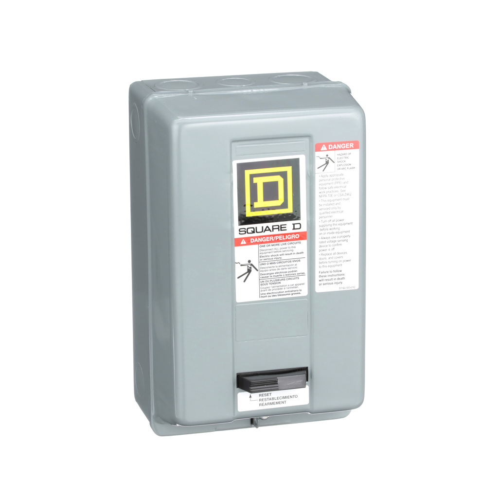 8536SCG3V08H30 – NEMA motor starter, Type S, nonreversing, Size 1, 27A, 10HP at 460VAC, up to 100kA SCCR, 3 phase, 3 pole, Motor Logic, 208VAC coil, NEMA 1