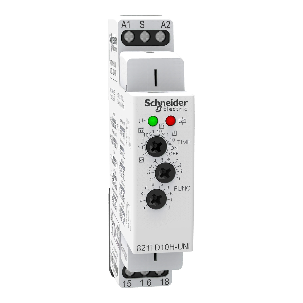 821TD10H-UNI – time delay relay, Legacy, SPDT, 100 ms to 10 days, DIN mounting support, 15A, 12…240V AC DC