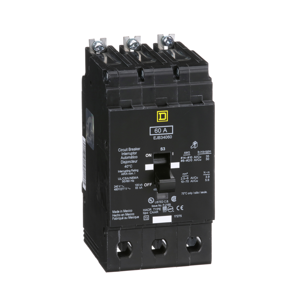 EJB34060 – Mini circuit breaker, E-Frame, 60A, 3 pole, 480Y/277VAC, 100kA max, bolt on