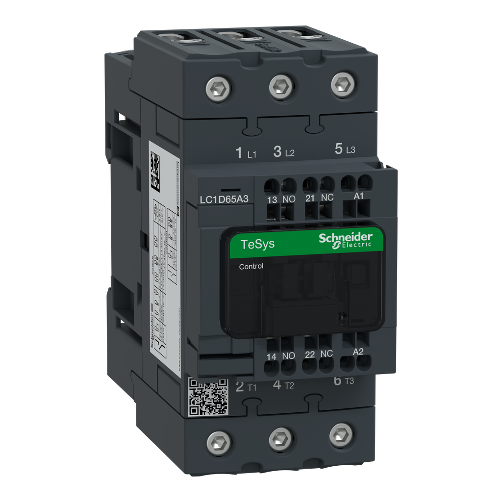 LC1D65A3F7 – IEC contactor, TeSys Deca, nonreversing, 65A, 40HP at 480VAC, 3 phase, 3 pole, 3 NO, 110VAC 50/60Hz coil, open style