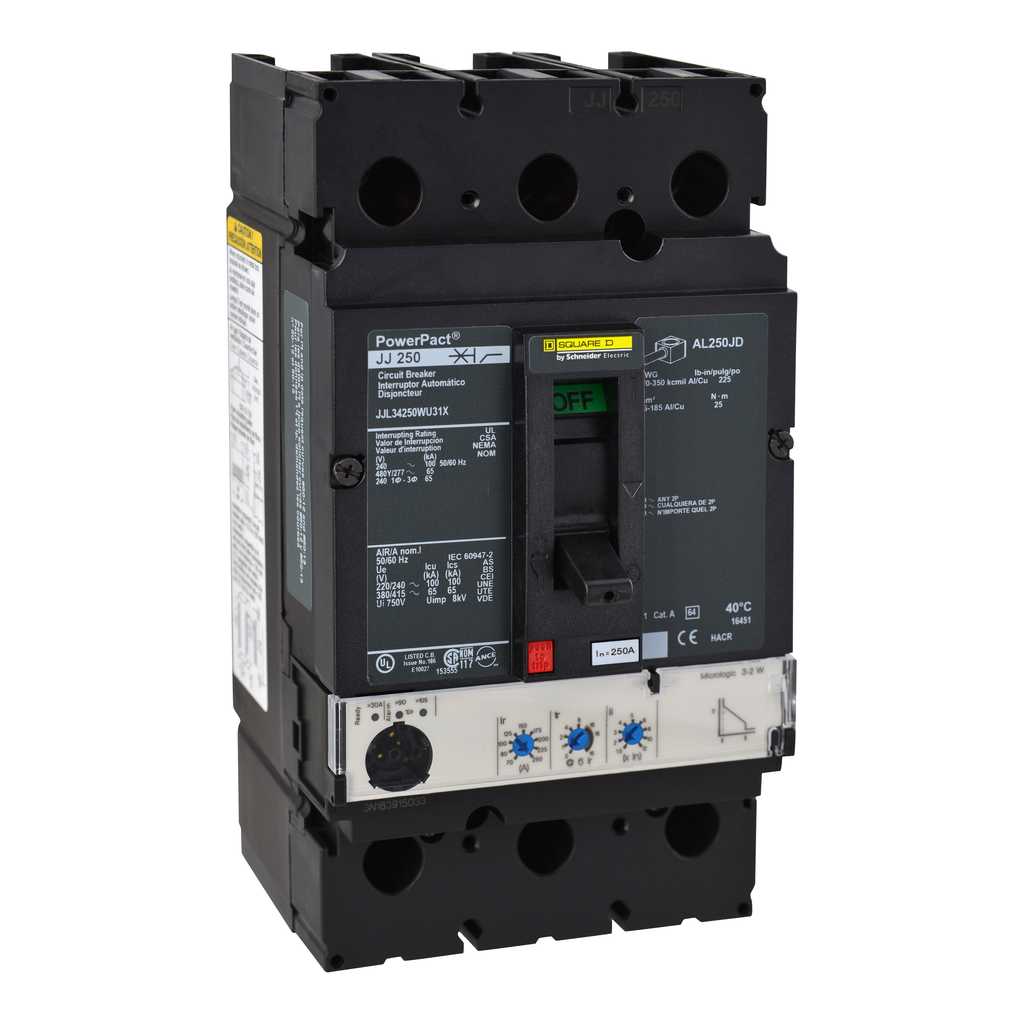 JJL34250WU31X – Circuit breaker, PowerPacT J, 250A, 3 pole, 480VAC, 65kA, lugs, Micrologic 3.2, 80%, mission critical