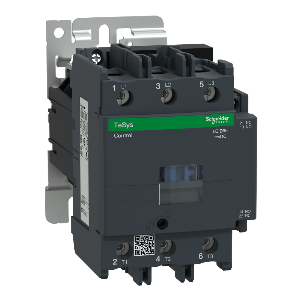 LC1D95BD – IEC contactor, TeSys Deca, nonreversing, 95A, 60HP at 480VAC, 3 phase, 3 pole, 3 NO, 24VDC coil, open style