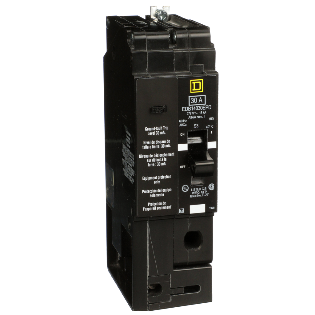 EDB14030EPDBA – Mini circuit breaker, E-Frame, 30A, 1 pole, 277VAC, 25kA max, bolt on, 30mA ground fault protection, alarm switch