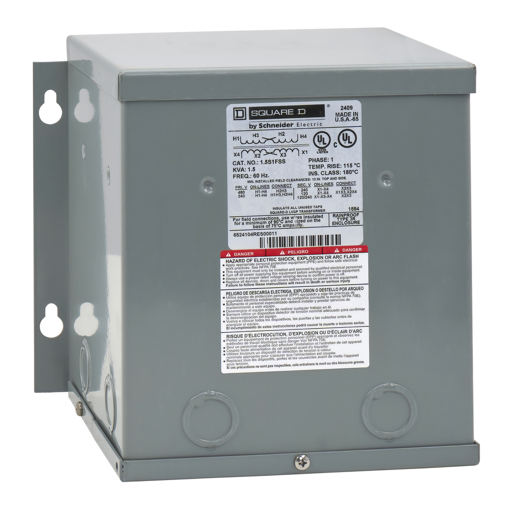 1.5S1FSS – Transformer, dry type, encapsulated, 1.5kVA, 1 phase, 240x480V primary, 120/240V secondary, 8A, 115C rise