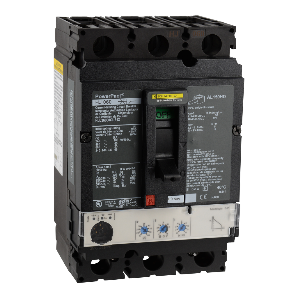 HJL36060CU31X – Circuit breaker, PowerPacT H, 60A, 3 pole, 600VAC, 25kA, lugs, Micrologic 3.2, 100%