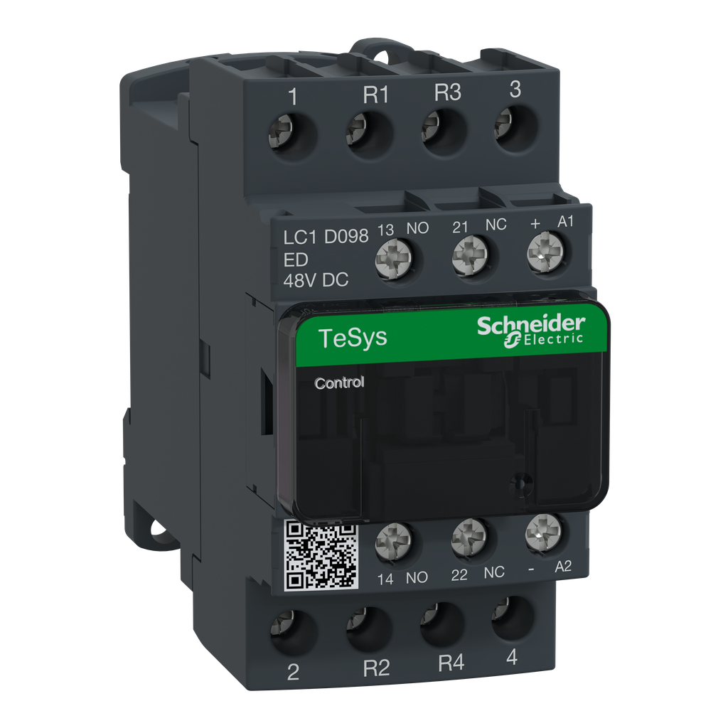 LC1D098ED – IEC contactor, TeSys Deca, nonreversing, 20A resistive, 4 pole, 2 NO and 2 NC, 48VDC coil, open style