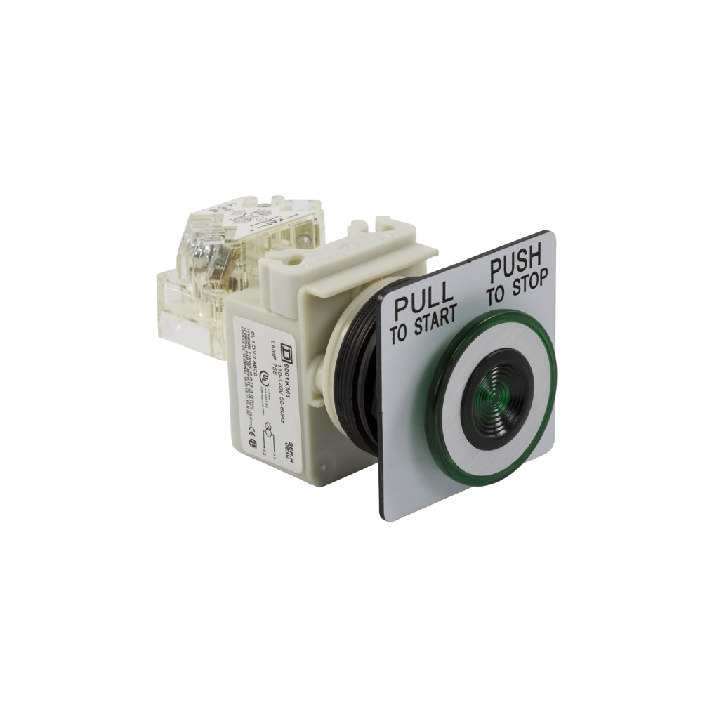 Mayer-DDS-Illuminated push-button, Harmony 9001SK, plastic, mushroom 41mm, green, 30mm, 2 positions, push-pull, 110-120V, 1 C/O-1