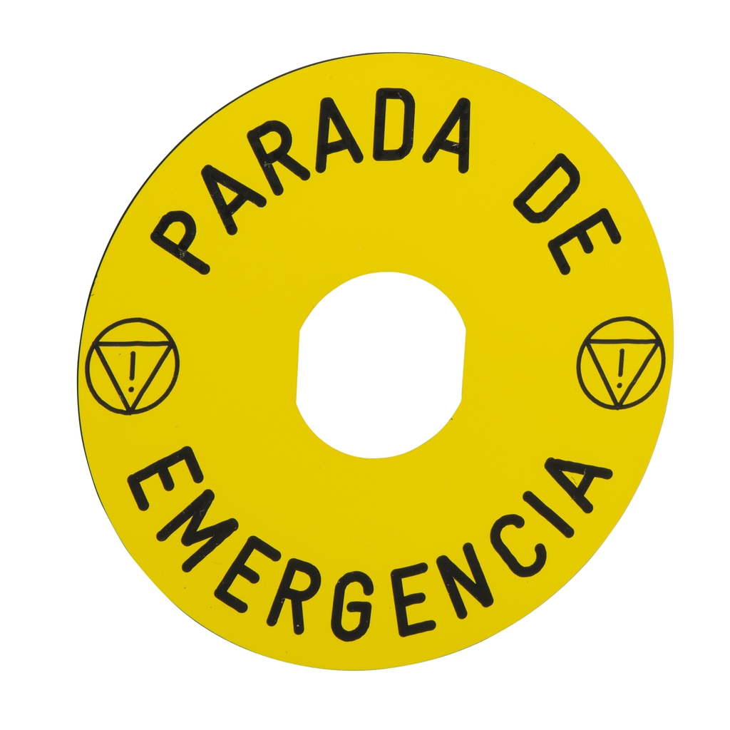 Mayer-DDS-Marked legend, Harmony XB4, Harmony XB5, yellow, 90mm, for emergency stop, marked PARADA DE EMERGENCIA/logo ISO13850-1