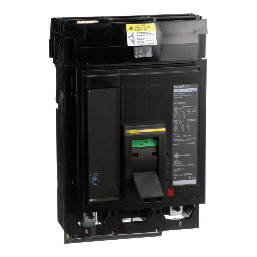 MGA268002 – Circuit breaker, PowerPacT M, 800A, 2 pole, 600VAC, 18kA, I-Line, ET 1.0, 80%, AC