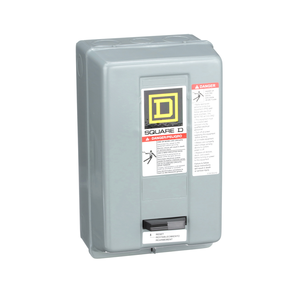 8536SBG2V03H30 – NEMA Motor Starter, Type S, nonreversing, Size 0, 18A, 5 HP at 460 VAC, up to 100 kA SCCR, 3 phase, 3 pole, Motor Logic, 240 VAC coil, NEMA 1