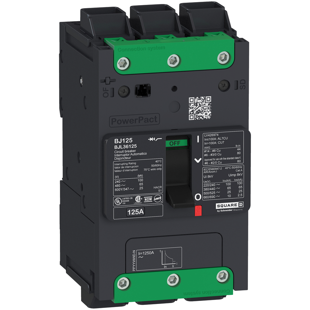 BDM36030 – Circuit breaker, PowerPacT B, 30A, 3 pole, 600Y/347VAC, 14kA, lugs, thermal magnetic, 80%