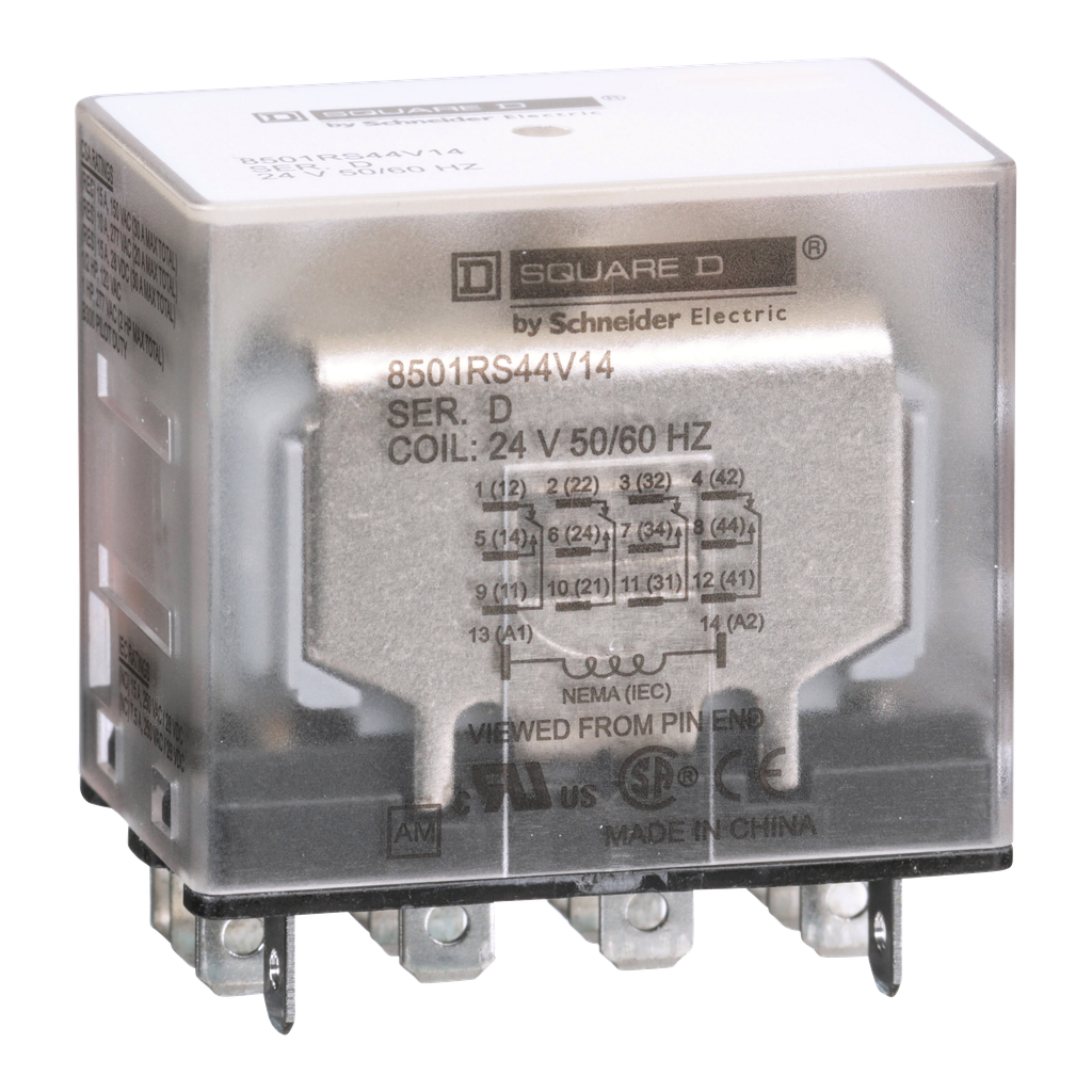 8501RS44V14 – Plug in relay, Type R, miniature, 1 HP at 277 VAC, 15A resistive at 120 VAC, 14 blade, 4PDT, 4 NO, 4 NC, 24 VAC coil
