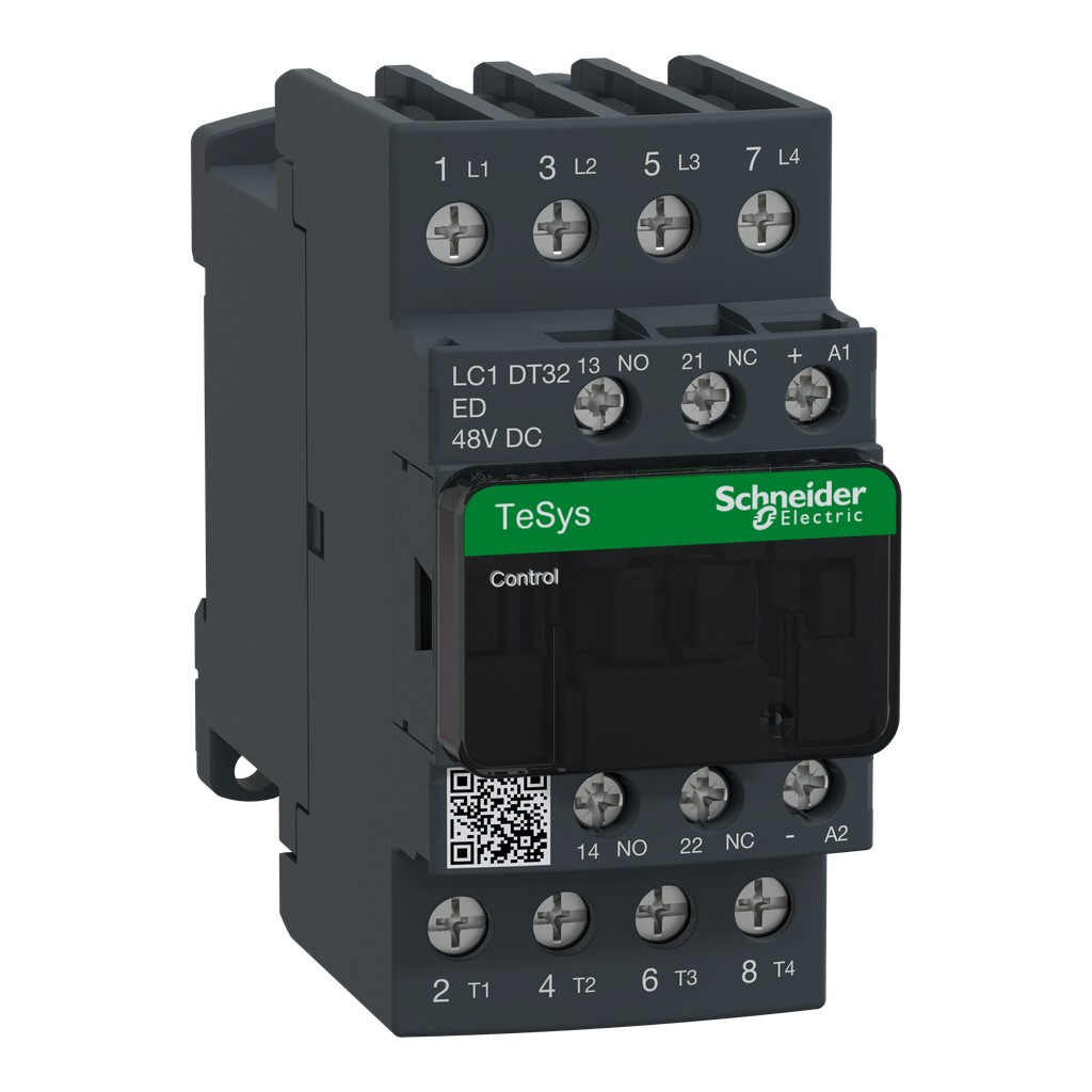LC1DT32ED – IEC contactor, TeSys Deca, nonreversing, 32A resistive, 4 pole, 4 NO, 48VDC coil, open style