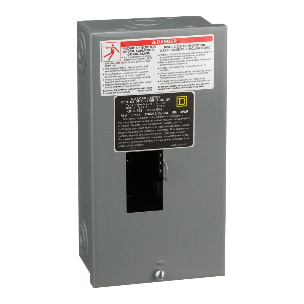 QO2L70S – Load center, QO, 1 phase, 2 spaces, 2 circuits, 70A fixed main lugs, NEMA1, surface cover