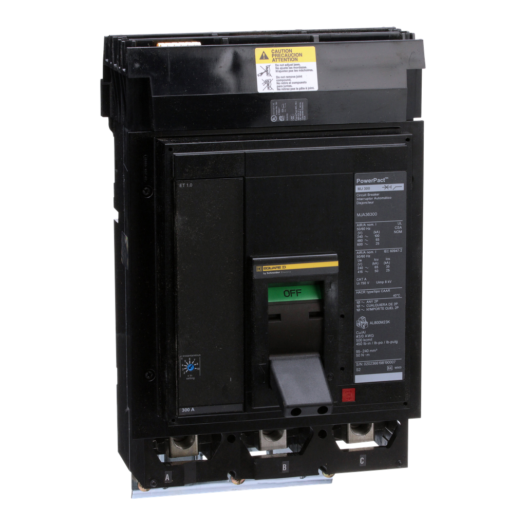 MJA36300 – Circuit breaker, PowerPacT M, 300A, 3 pole, 600VAC, 25kA, I-Line, ET 1.0, 80%, ABC