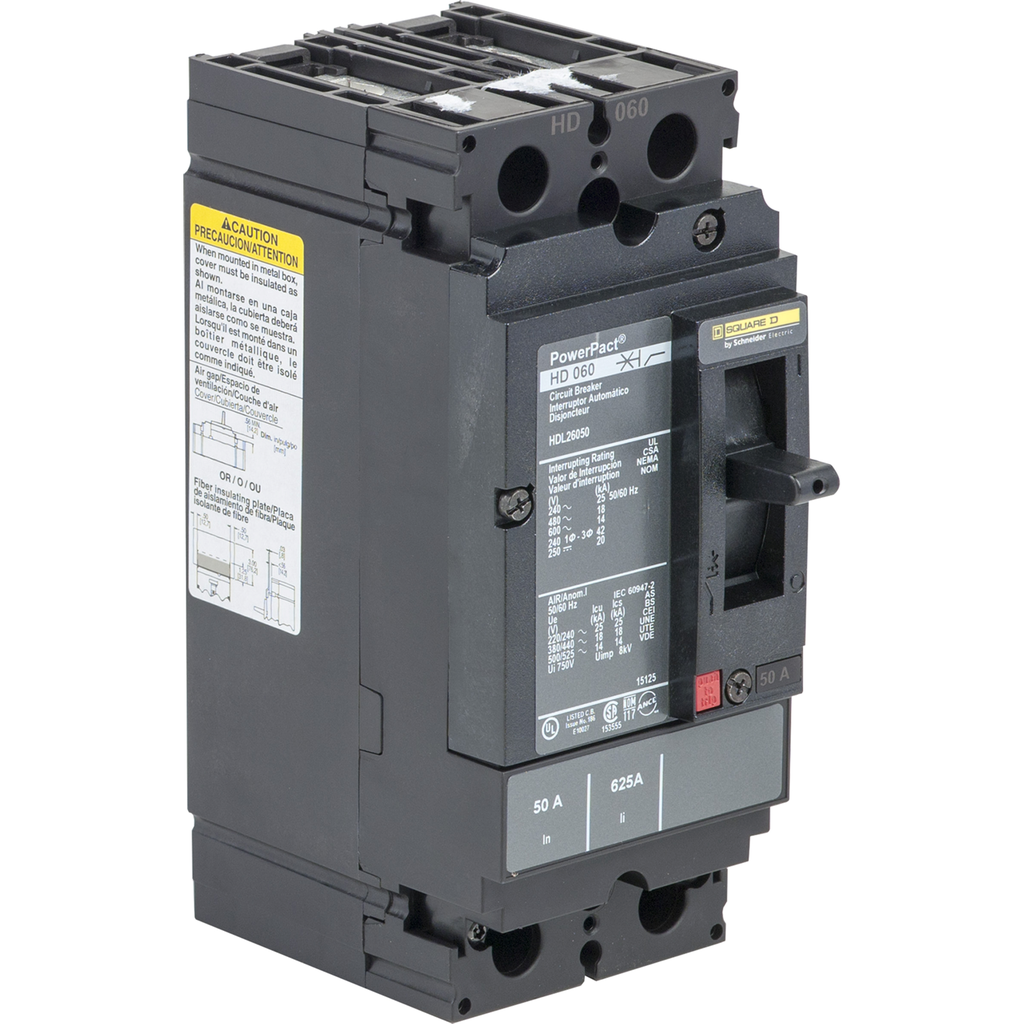 HDL26040C – Circuit breaker, PowerPacT H, 40A, 2 pole, 600VAC, 14kA, lugs, thermal magnetic, 100%