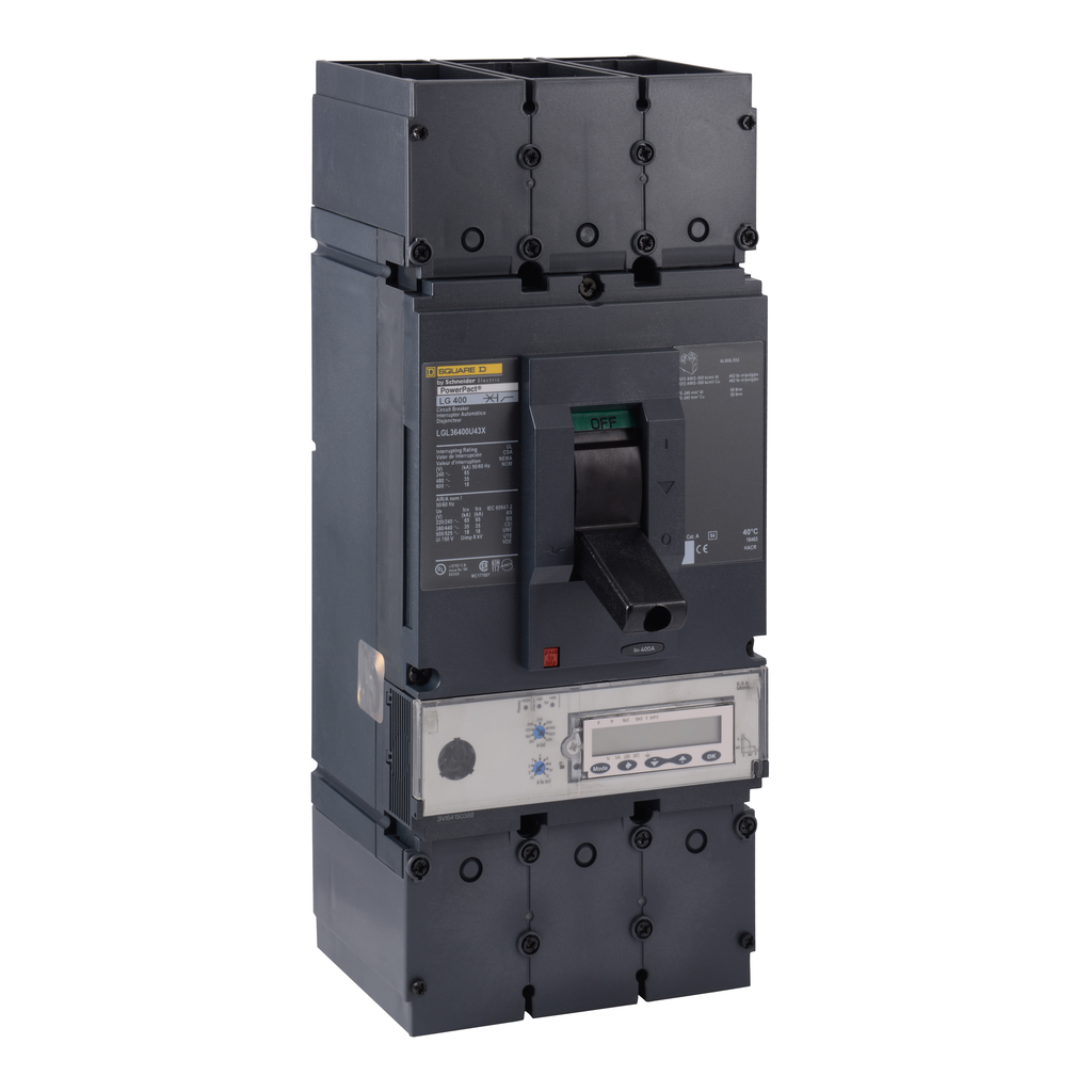 LGL36400CU43X – Circuit breaker, PowerPacT L, 400A, 3 pole, 600VAC, 18kA, lugs, MicroLogic 5.3A, 100%