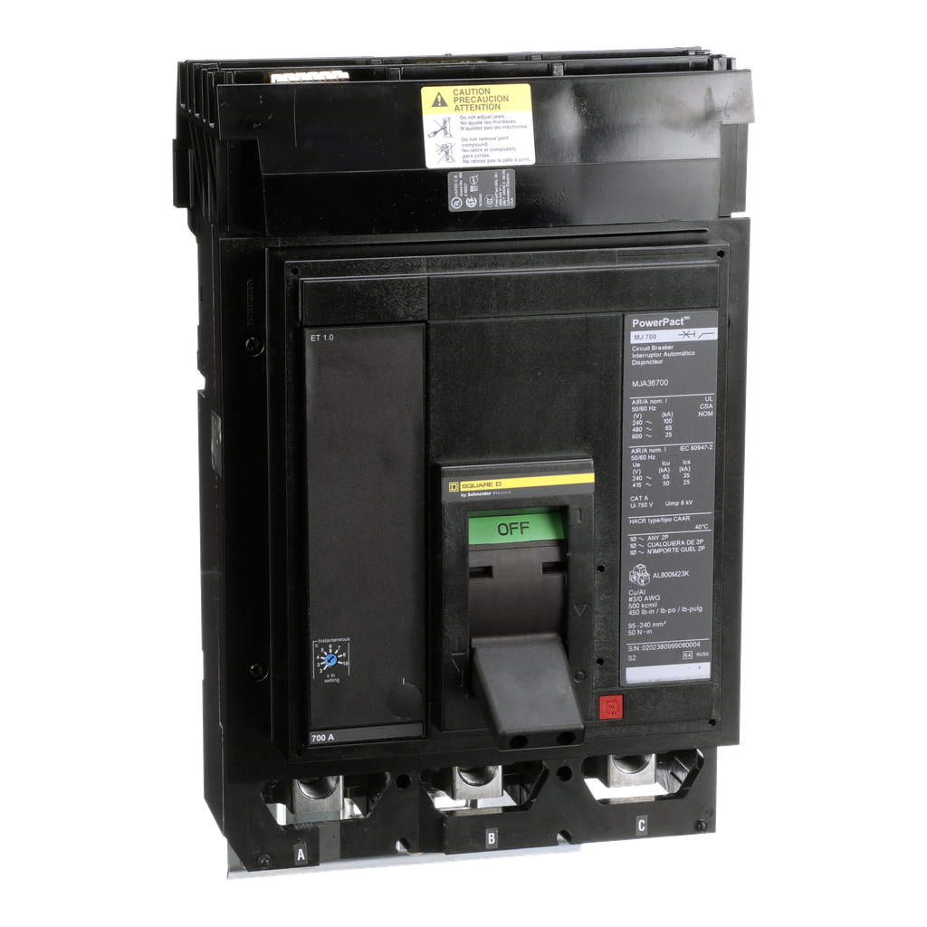 MJA36700 – Circuit breaker, PowerPacT M, 700A, 3 pole, 600VAC, 25kA, I-Line, ET 1.0, 80%, ABC