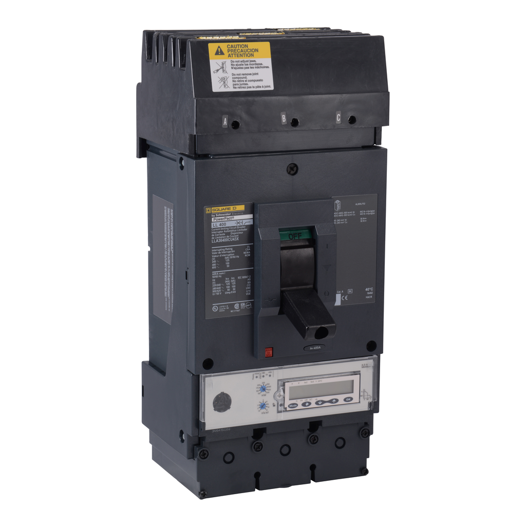 LLA36600U43X – Circuit breaker, PowerPacT L, 600A, 3 pole, 600VAC, 50kA, I-Line, MicroLogic 5.3A, 80%, ABC