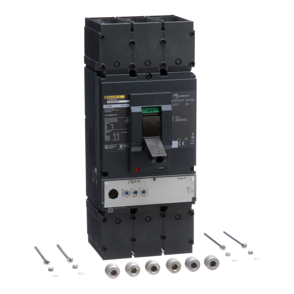 LGL36600U31X – Circuit breaker, PowerPacT L, 600A, 3 pole, 600VAC, 18kA, lugs, MicroLogic 3.3, 80%