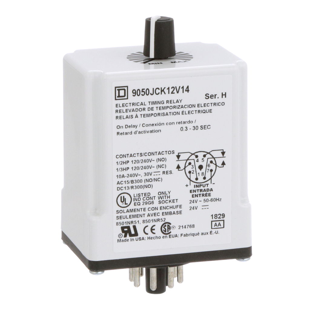 9050JCK12V14 – Timing Relay, Type JCK, plug In, on delay, adjustable time, 0.3 to 30 seconds, 10A, 240 VAC, 24 VAC/DC