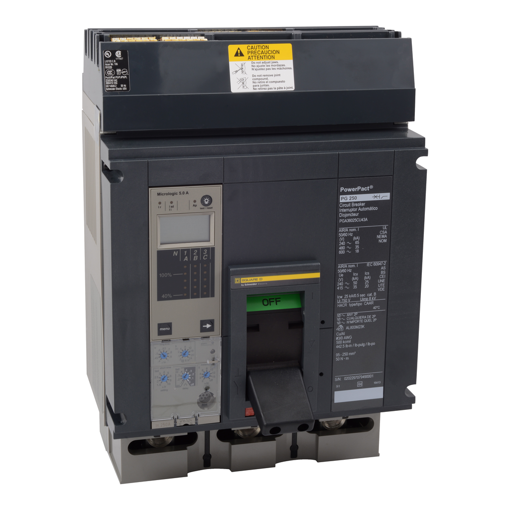 Mayer-DDS-Circuit breaker, PowerPacT P, 800A, 3 pole, 600VAC, 18kA, I-Line, Micrologic 5.0A, 80%, ABC-1