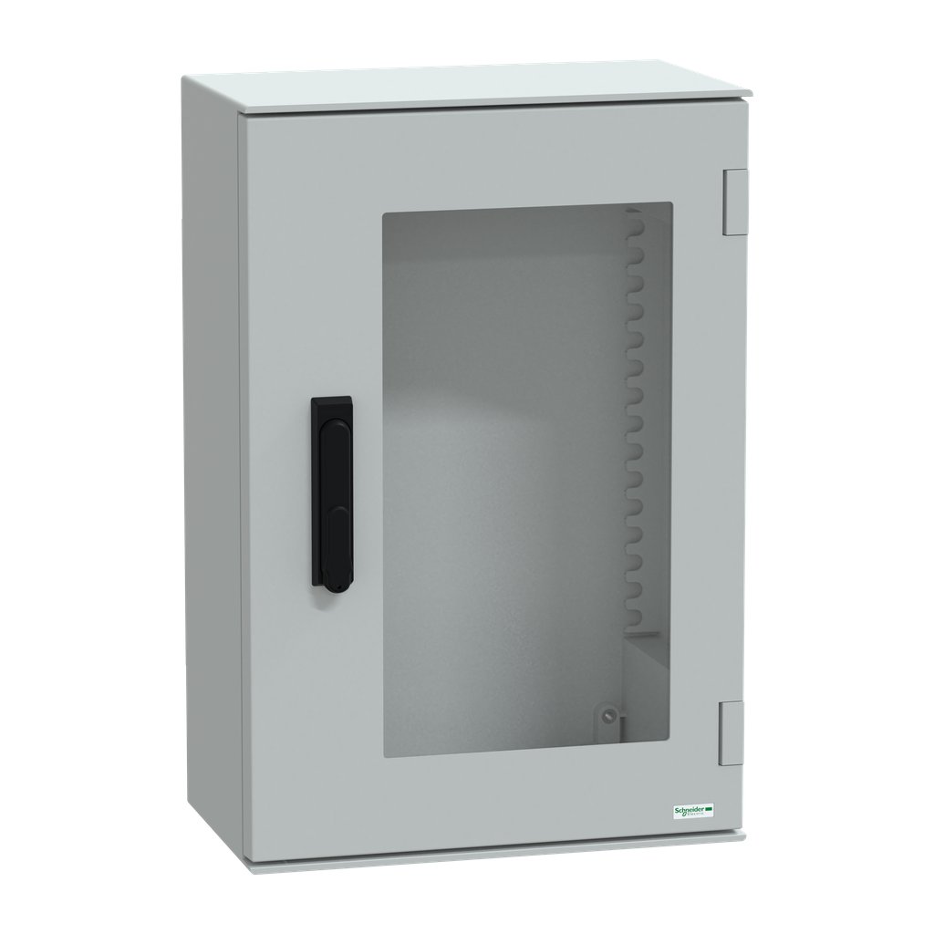 NSYPLM64TVG – Wall mounted polyester enclosure, Thalassa PLM, glazed door, with handle, 647x436x250mm, IP66, IK08, RAL 7035