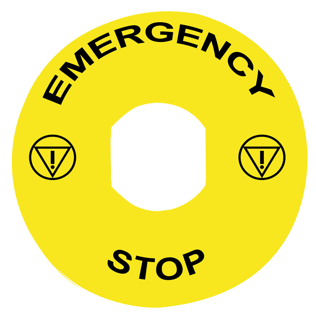 ZBY8330 – Marked legend, Harmony XB4, plastic, yellow, 90mm, for emergency stop, marked EMERGENCY STOP with logo ISO13851