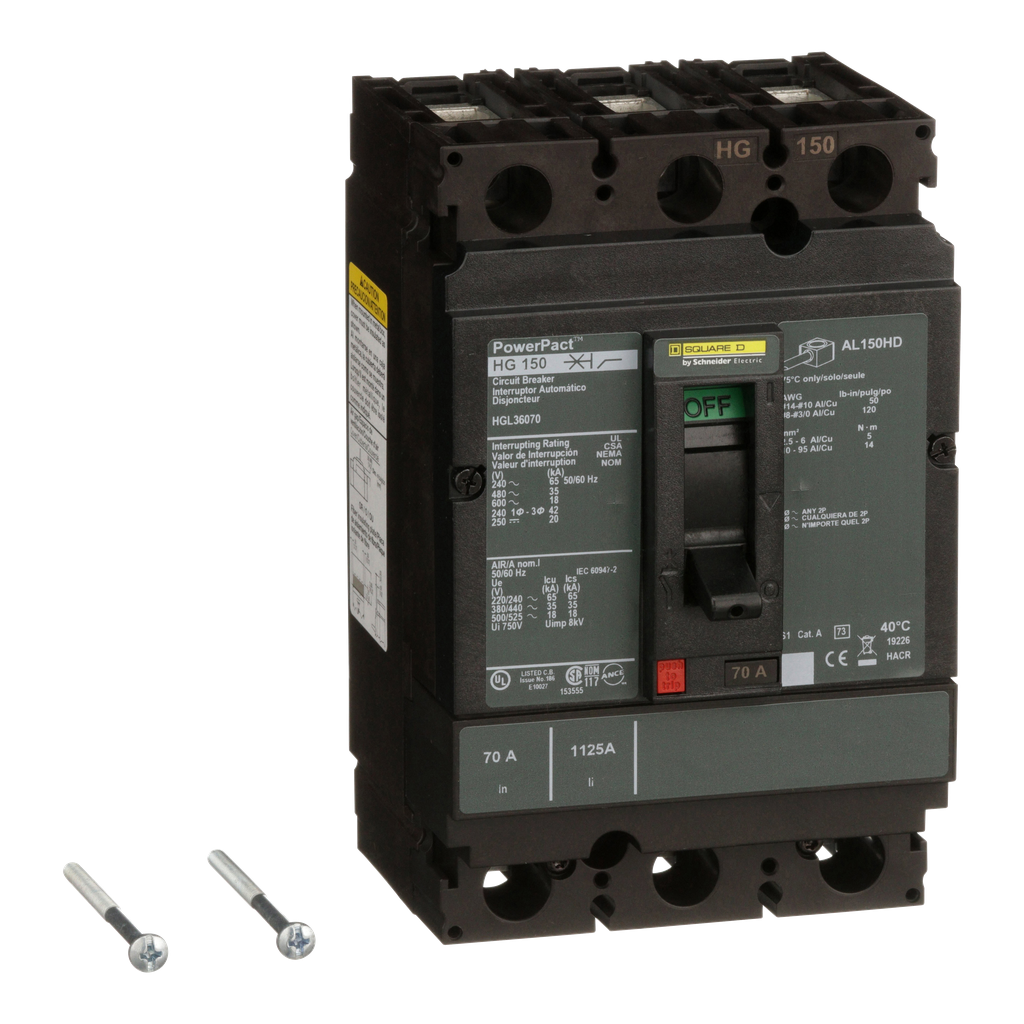 HGL36070 – Circuit breaker, PowerPacT H, 70A, 3 pole, 600VAC, 18kA, lugs, thermal magnetic, 80%