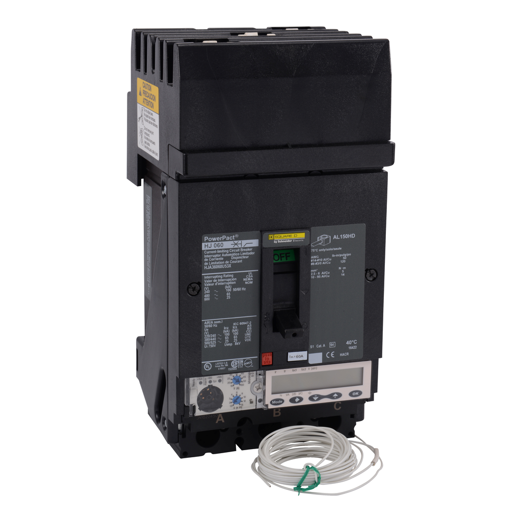 HJA36060U53X – Circuit breaker, PowerPacT H, 60A, 3 pole, 600VAC, 25kA, I-Line, Micrologic 5.2E, 80%, ABC