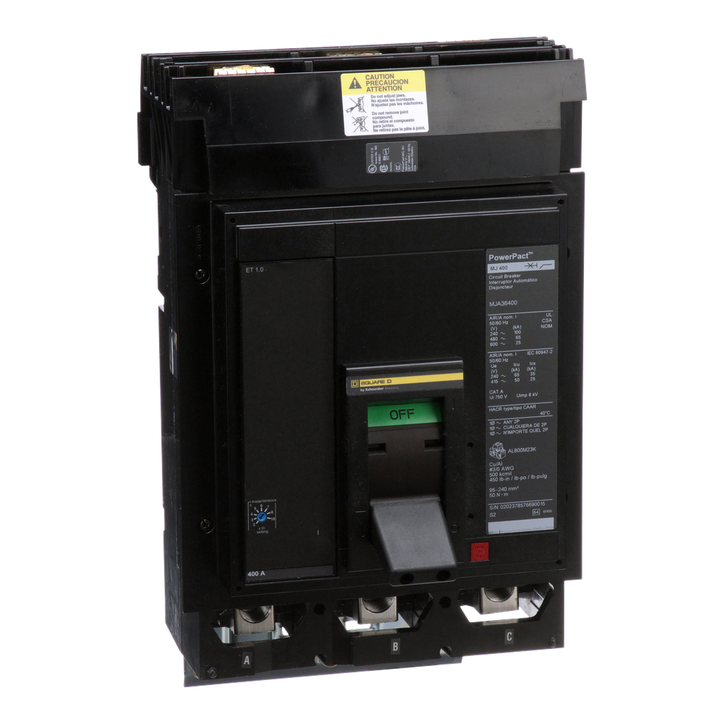 MJA36400 – Circuit breaker, PowerPacT M, 400A, 3 pole, 600VAC, 25kA, I-Line, ET 1.0, 80%, ABC