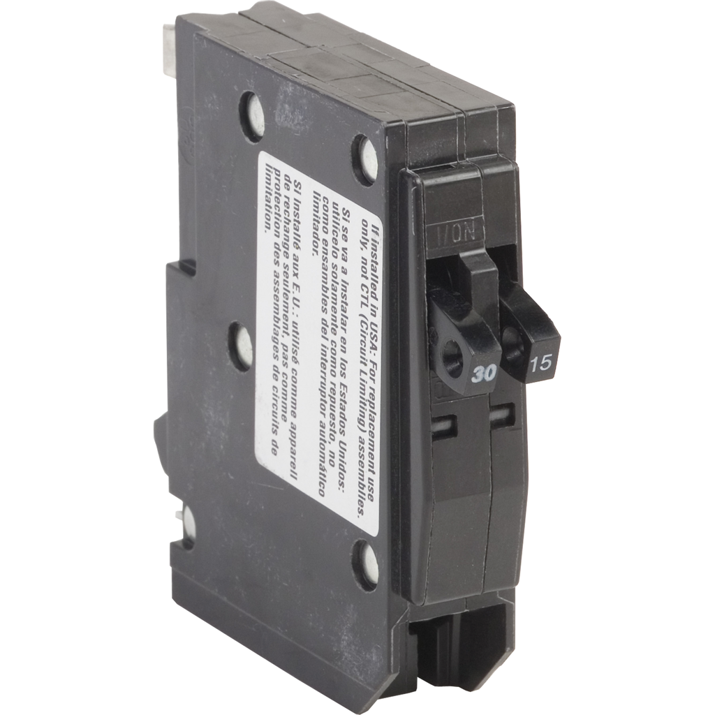 QO3015 – Tandem mini circuit breaker, QO, 1 x 1 pole at 15A, 1 x 1 pole at 30A, 120/240VAC, 10kA, plug in