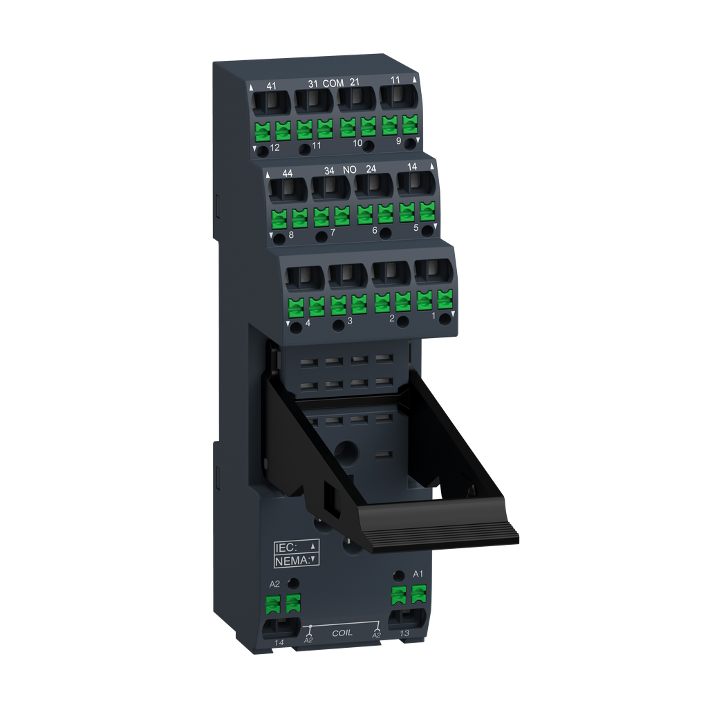 RXZE14P – push in socket with clamp, Harmony Electromechanical Relays, for RXM relays, 12A 2CO, 6A 4CO, push in terminals, separate contact