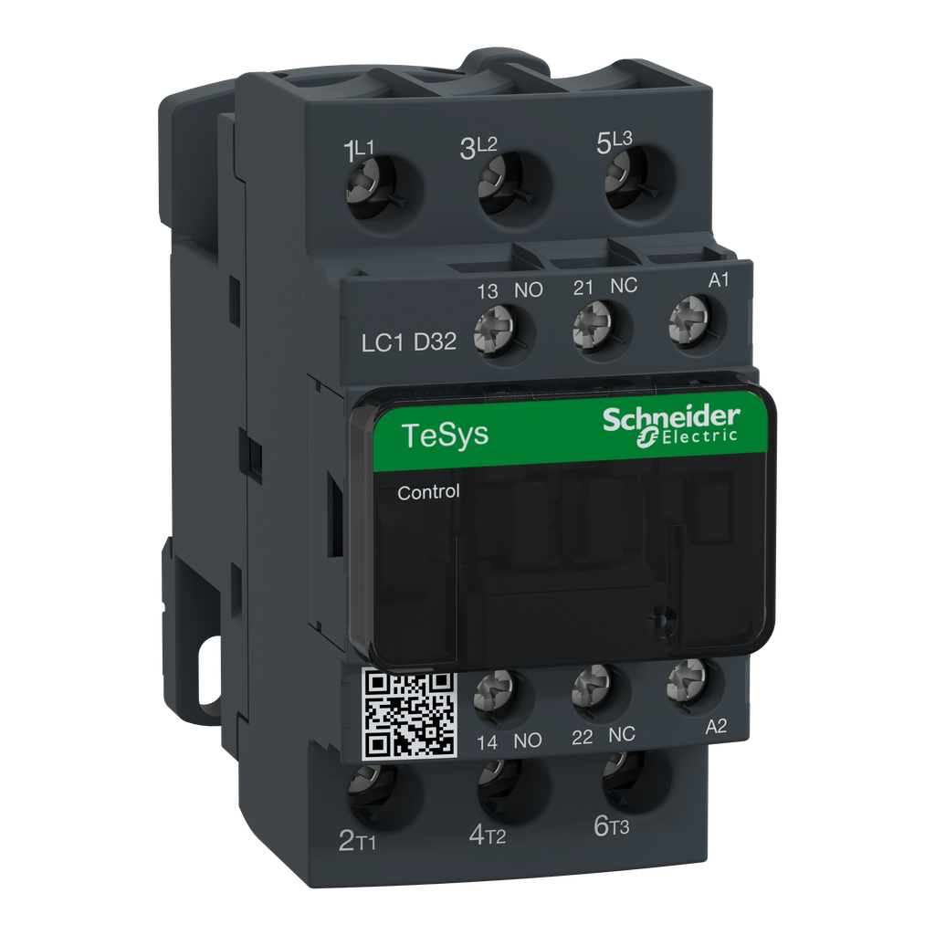 LC1D32E7 – IEC contactor, TeSys Deca, nonreversing, 32A, 20HP at 480VAC, up to 100kA SCCR, 3 phase, 3 NO, 48VAC 50/60Hz coil, open