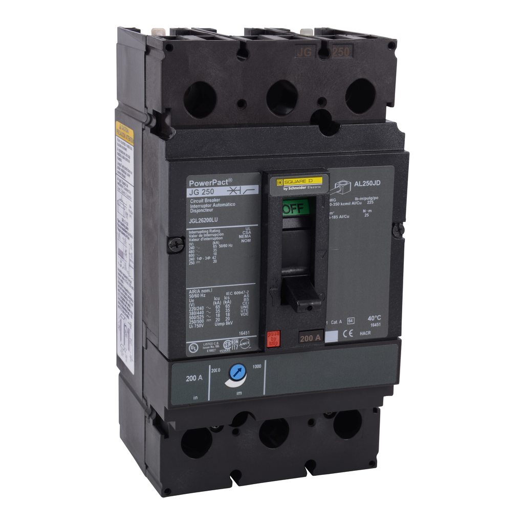 JGL26200C – Circuit breaker, PowerPacT J, 200A, 2 pole, 600VAC, 18kA, lugs, thermal magnetic, 100%