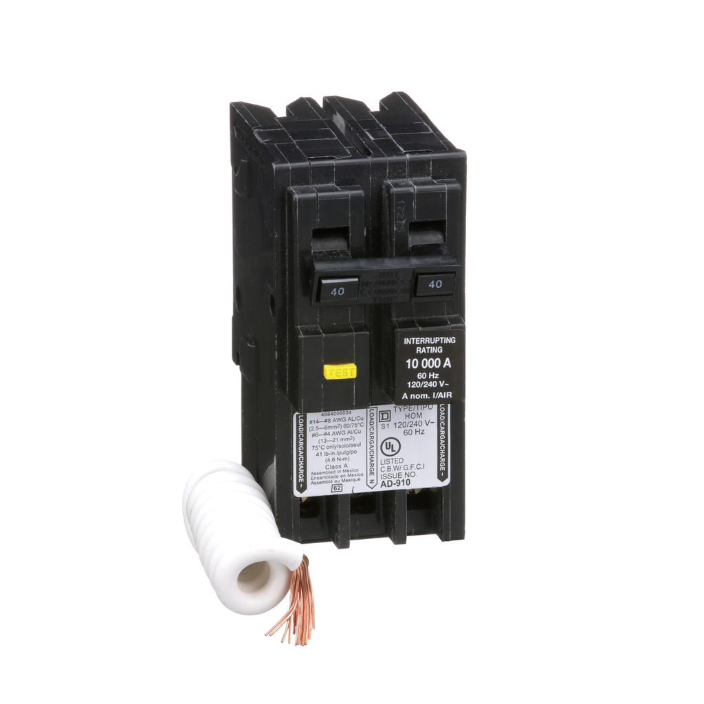 HOM240GFI – Mini circuit breaker, Homeline, 40A, 2 pole, 120/240VAC, 10kA AIR, ground fault class A, plug in, UL