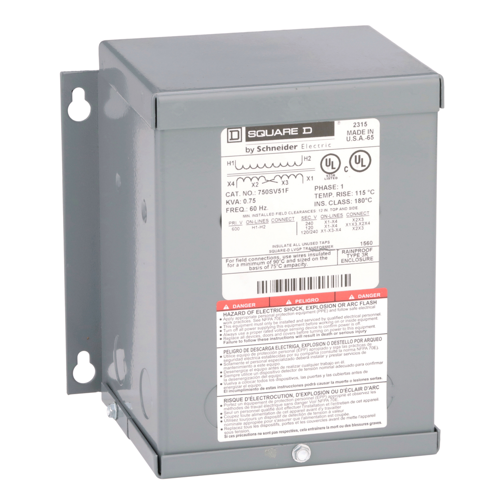 750SV51F – Transformer, dry type, encapsulated, 0.75kVA, 1 phase, 600V primary, 120/240V secondary, 6A, 55C rise