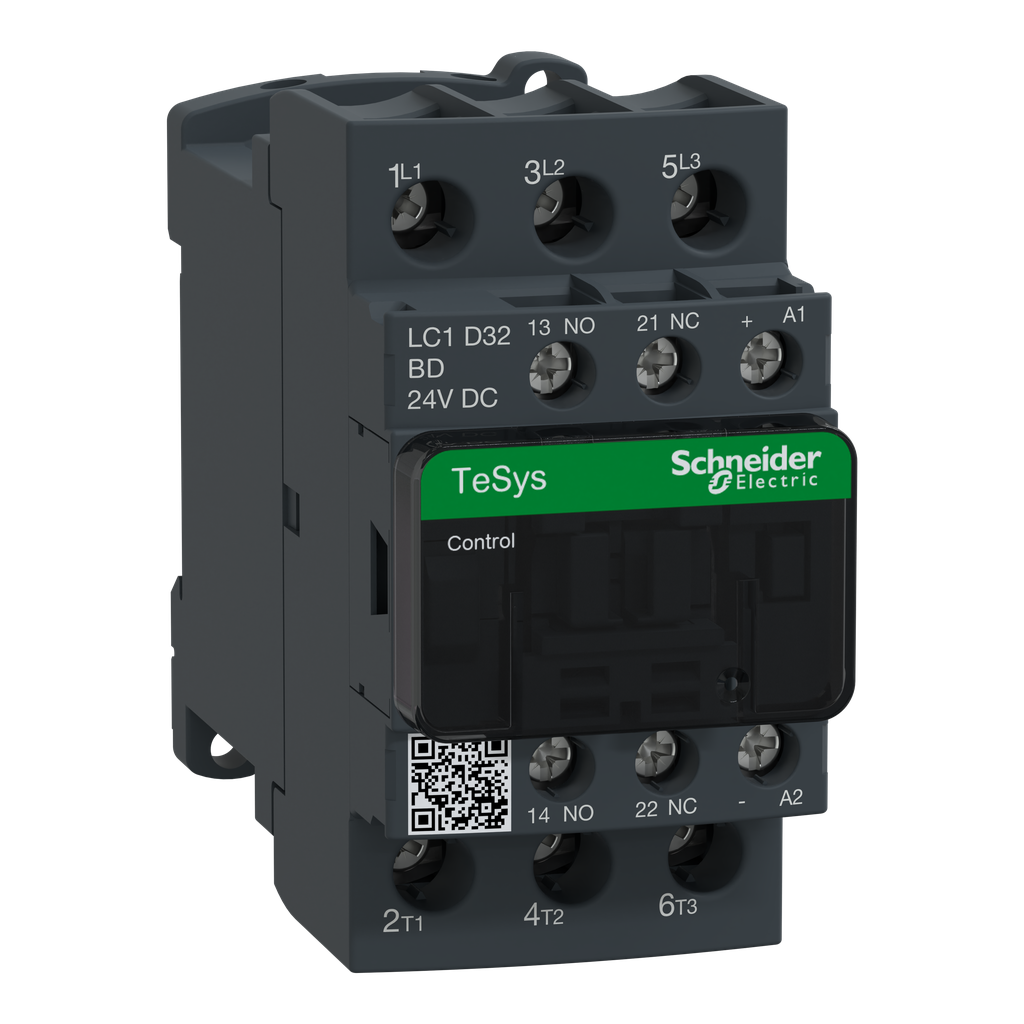 LC1D32BD – IEC contactor, TeSys Deca, nonreversing, 32A, 20HP at 480VAC, up to 100kA SCCR, 3 phase, 3 NO, 24VDC coil, open style