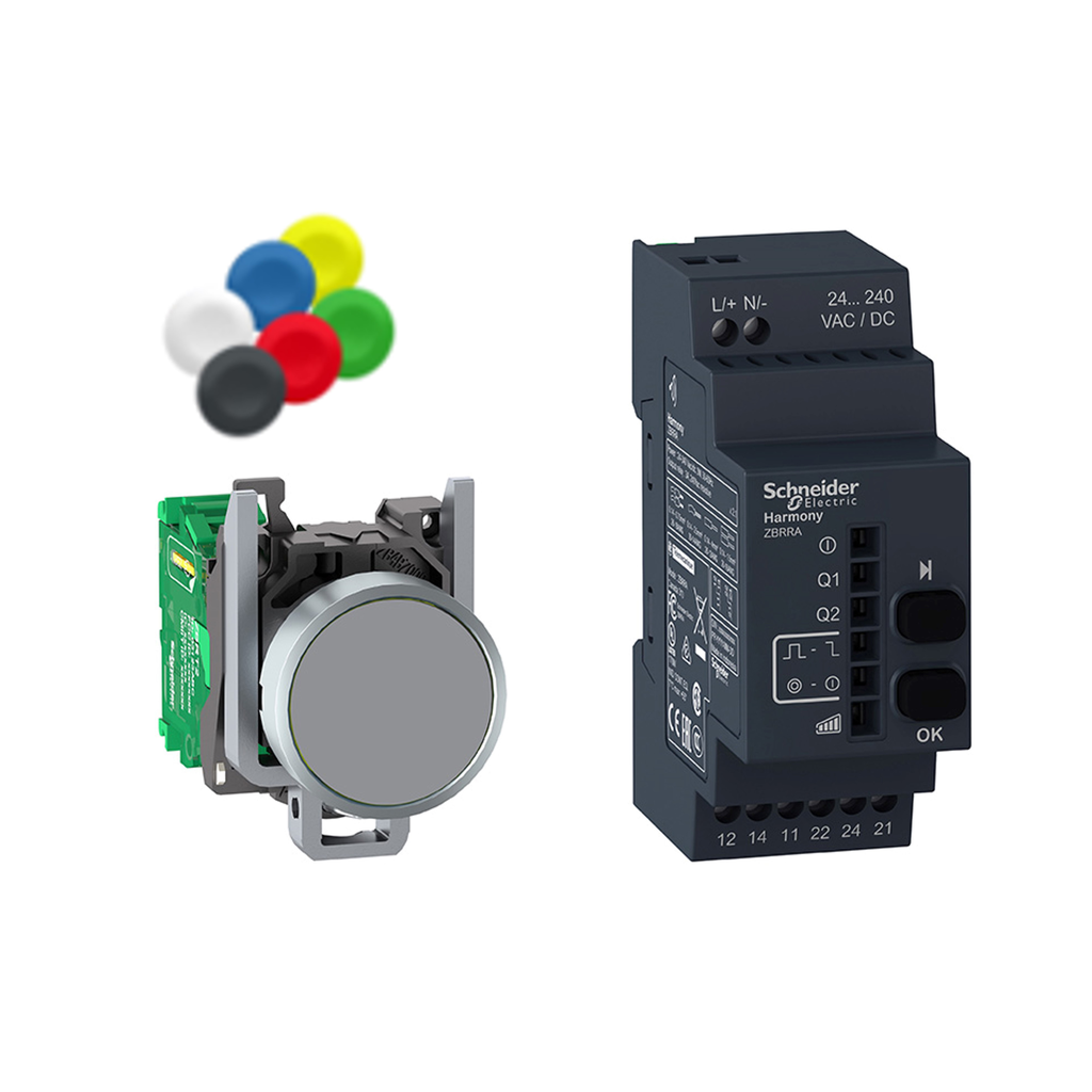 XB4RFA02 – Wireless push button and configurable receiver, Harmony XB5R, Harmony XB4, with 10 colored caps, metal, 22mm, 24…240V AC DC
