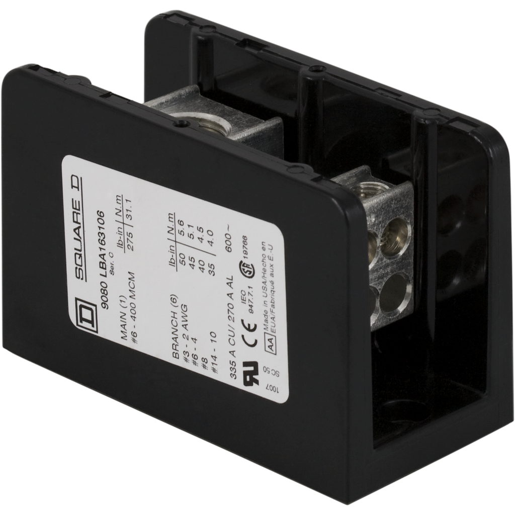 9080LBC163106 – Power distribution block, Linergy, 1 pole, 1 line, 6 load, 380A Cu, 600V