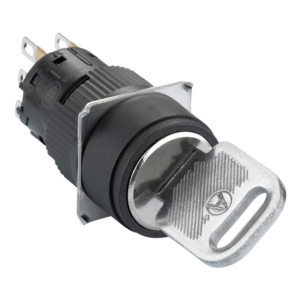 Mayer-DDS-Monolithic selector switch, Harmony XB6E, round black key, 16mm, 2 positions, projecting keylock, stay put, 1CO, key 132-1