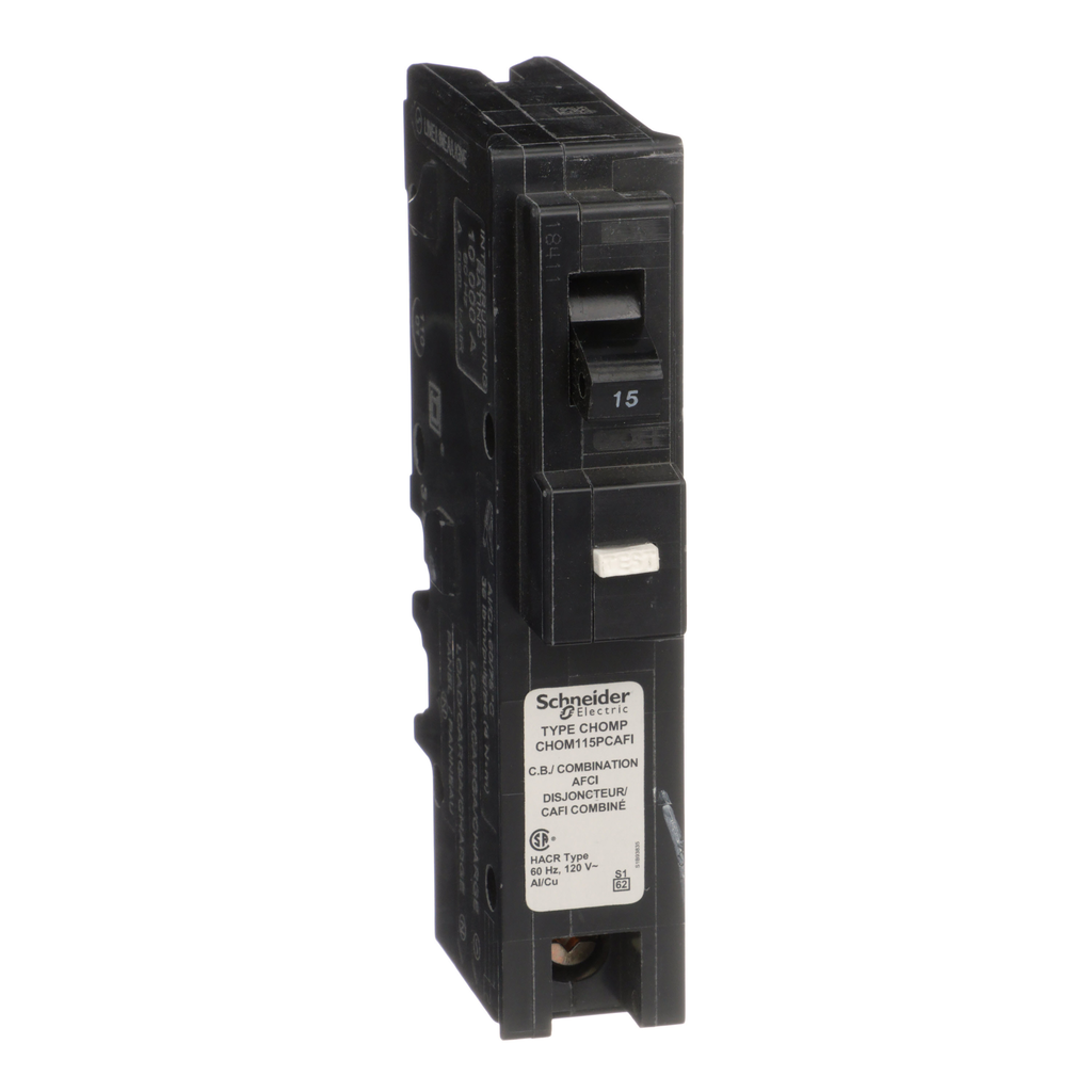 CHOM115PCAFI – Mini circuit breaker, Homeline, 15A, 1 pole, 120VAC, 10kA AIR, combo arc fault, plug on neutral, plug in, UL